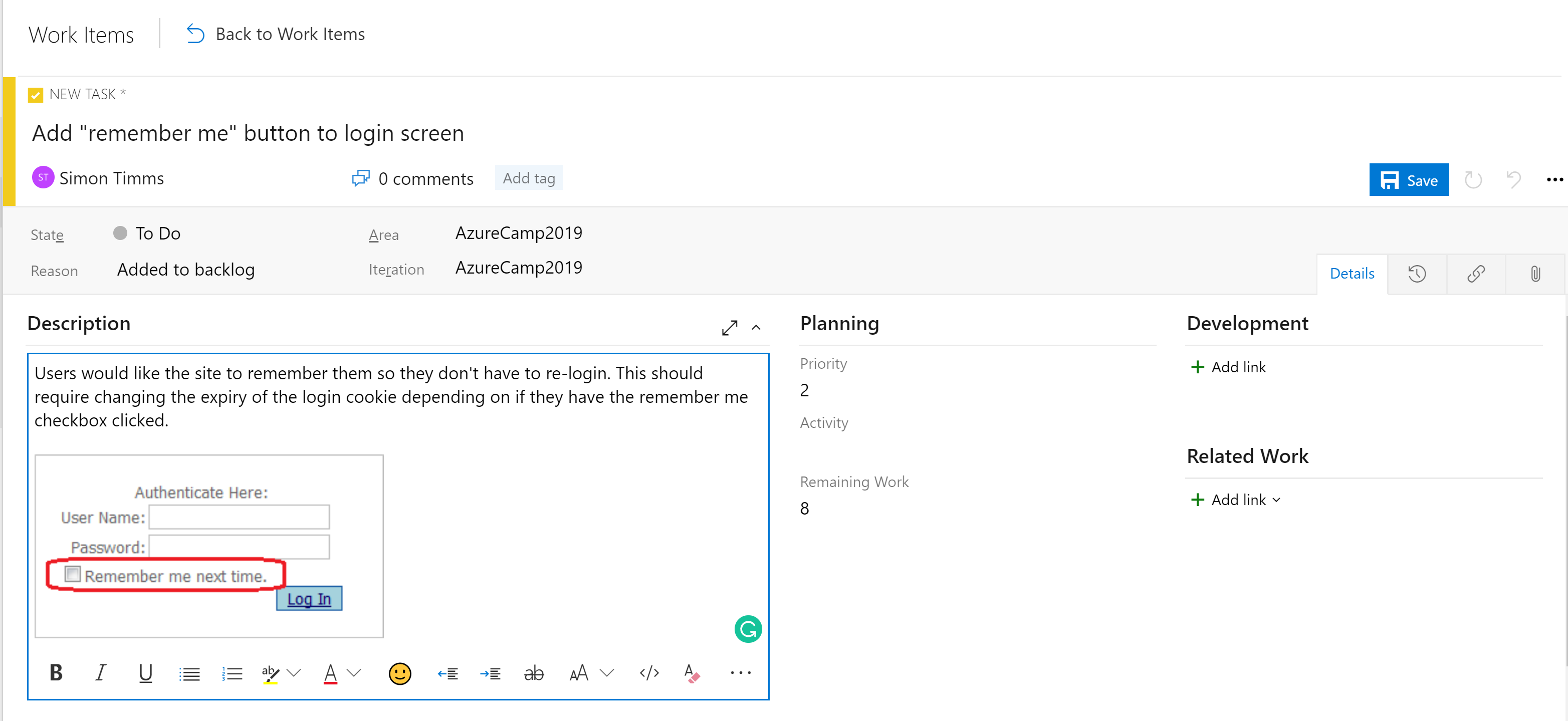 Figura 10-5 Uma tarefa de exemplo no Azure DevOps
