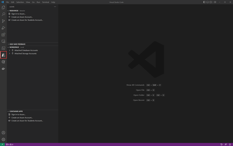 Uma captura de tela do Visual Studio Code mostrando como entrar nas ferramentas do Azure.