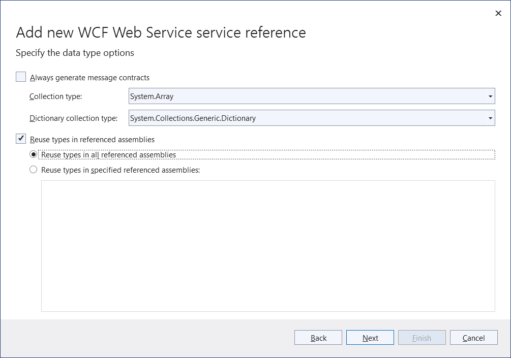 Separador de opções de tipo de dados do Visual Studio para .NET Core