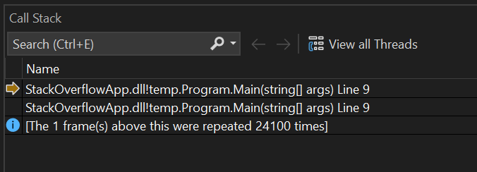 pilha de chamadas StackOverflow do Visual Studio.