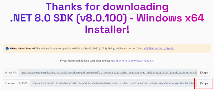 A página de download do .NET com checksum