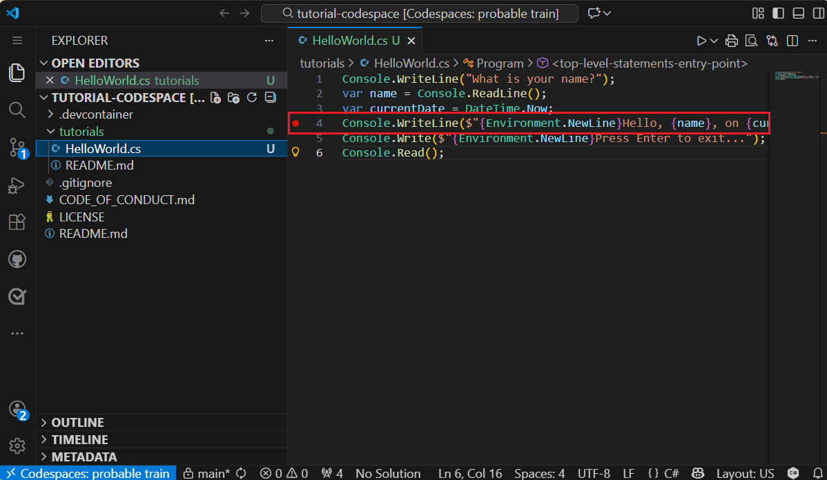 Breakpoint definido