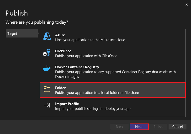 Escolha um alvo de publicação em Visual Studio.