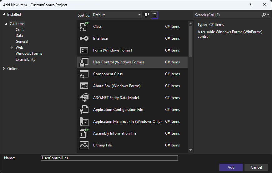 caixa de diálogo de adição de item no Visual Studio para Windows Forms