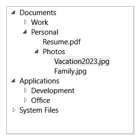 Uma captura de ecrã de um controlo treeview no WPF.