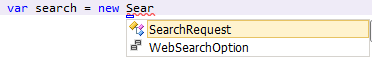 Classe SearchRequest exibida no IntelliSense após digitar as primeiras letras.