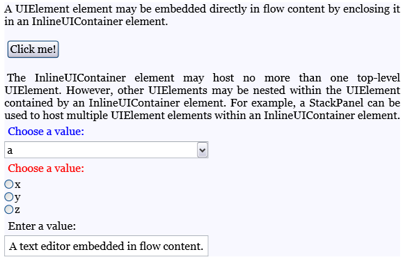 Captura de ecrã: elementos UIElement embutidos no fluxo