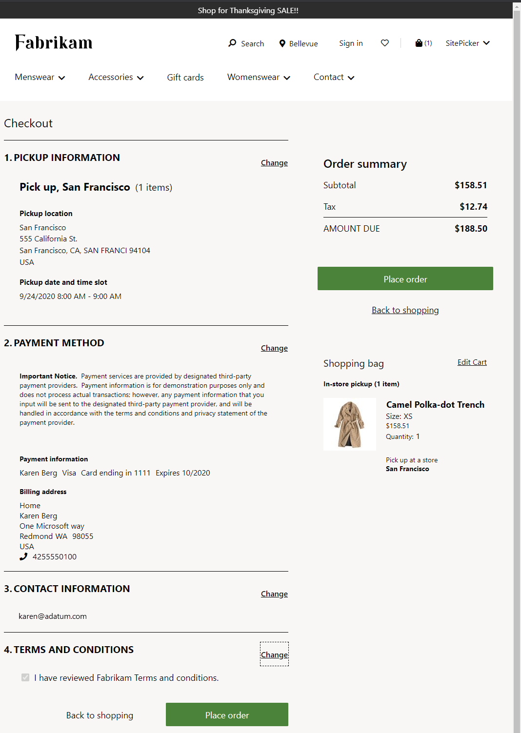 Captura de ecrã de uma página de checkout de comércio eletrónico que inclui horários para itens de retirada.
