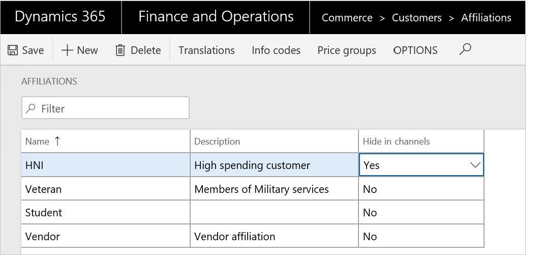 Captura de ecrã de ocultar as afiliações nos canais.