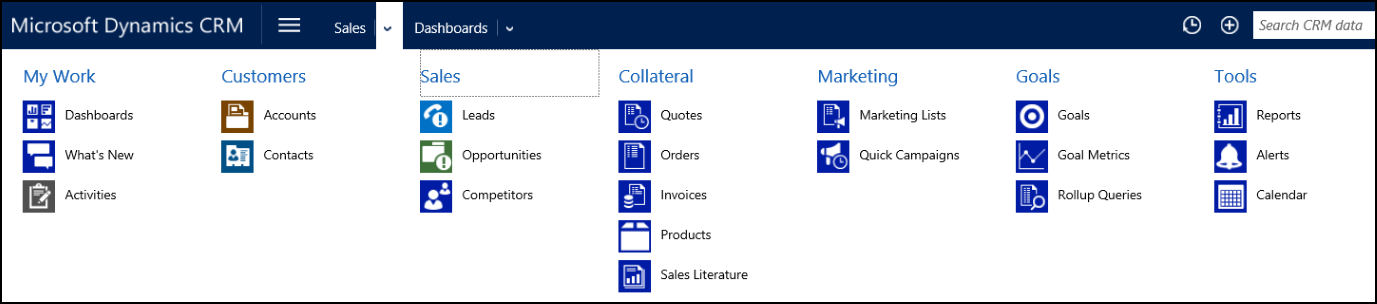 SiteMap mostra os grupos e as subáreas no Dynamics 365 Customer Engagement.