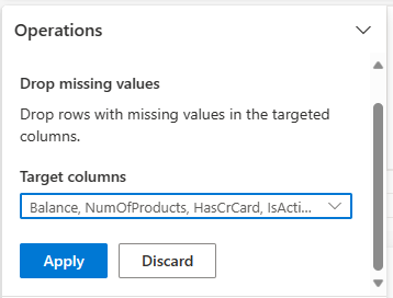 Captura de tela mostra a exclusão das linhas em falta no Data Wrangler.
