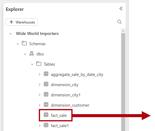 Captura de tela do painel Explorer, destacando a tabela de factos de vendas a ser arrastada para a tela de consulta visual.