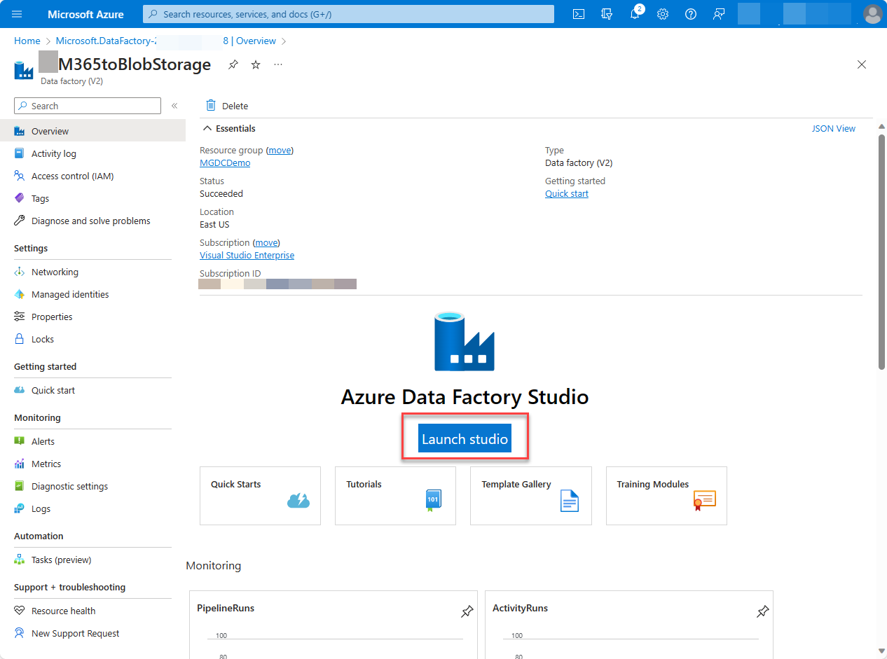Captura de ecrã da página do serviço portal do Azure Data Factory com a opção Abrir Azure Data Factory Studio realçada.