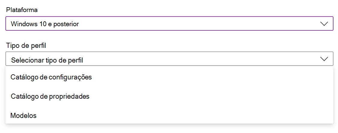 Captura de ecrã que mostra como criar uma política e um perfil de configuração de dispositivos Windows no Microsoft Intune.