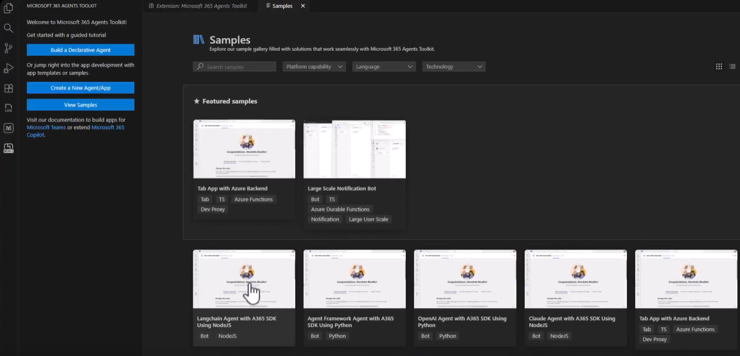 Captura de ecrã da Vista de Boas-Vindas do Toolkit com opções de Construir um Agente Declarativo, Criar um Novo Agente ou Aplicação e Ver Exemplos.