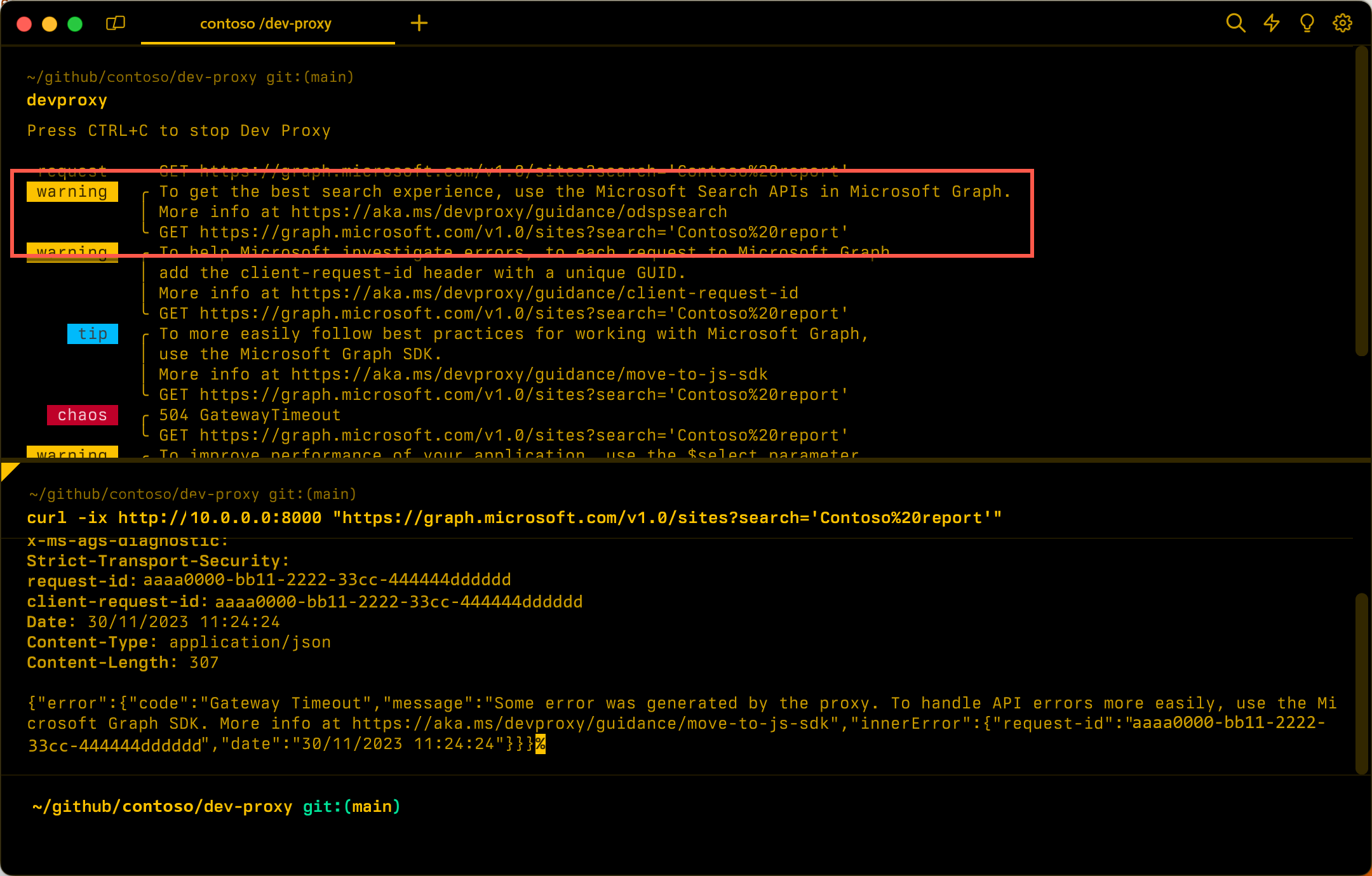 Captura de tela do aviso do Proxy de Desenvolvimento sobre o uso de APIs de pesquisa do OneDrive e do SharePoint.