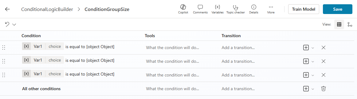 Captura de ecrã do editor ConditionGroupSize mostrando o nó do grupo de condição na visualização de tabela com três condições de escolha Var1.