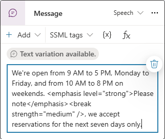 Captura de ecrã de uma mensagem de voz com etiquetas SSML.