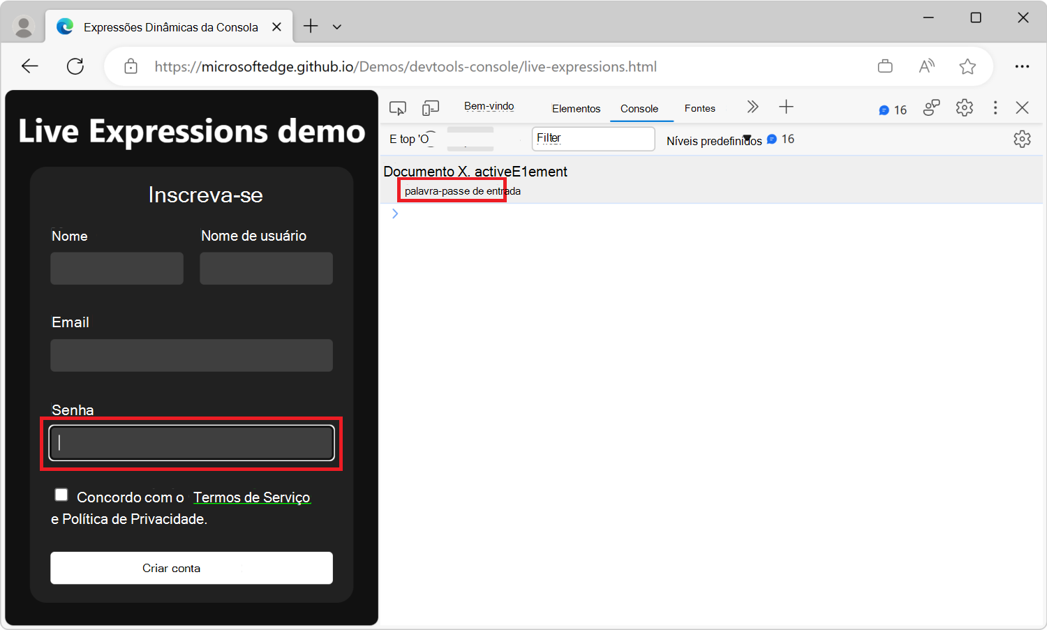 A ferramenta Consola, com uma linha de Expressão Dinâmica abaixo da barra de ferramentas, a mostrar a expressão JavaScript document.activeElement e o resultado atual: input#password
