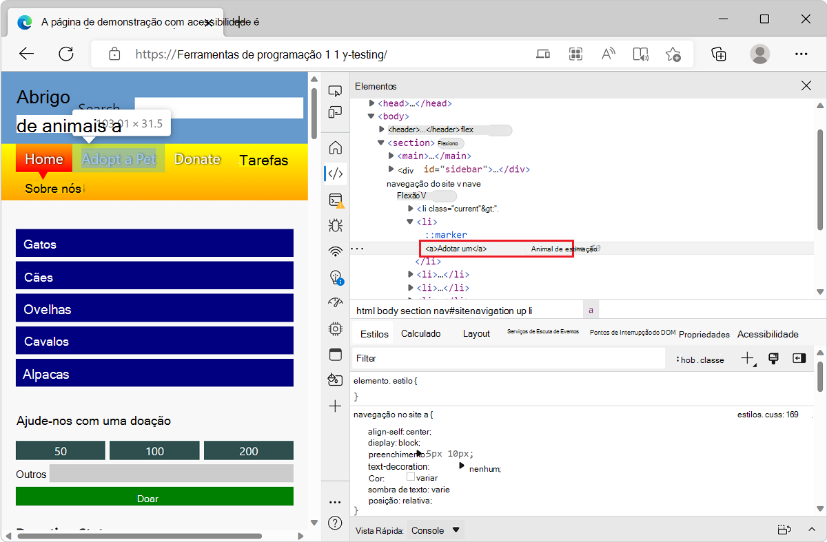 Microsoft Edge, com a aplicação de demonstração lista TODO e DevTools, a mostrar a ferramenta Elementos, com o elemento de problema de contraste de cores selecionado
