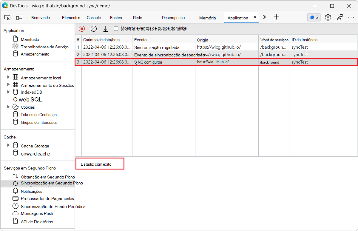 Exibir os detalhes de um evento no painel Sincronização em Segundo Plano