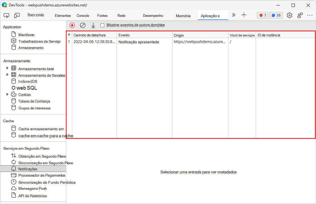 Um log de eventos no painel Notificações