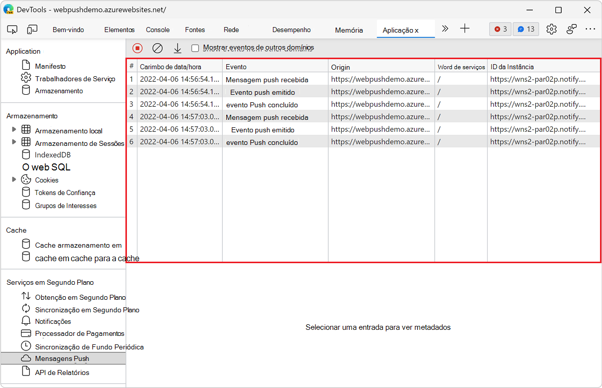 Um log de eventos no painel de Mensagens por Push