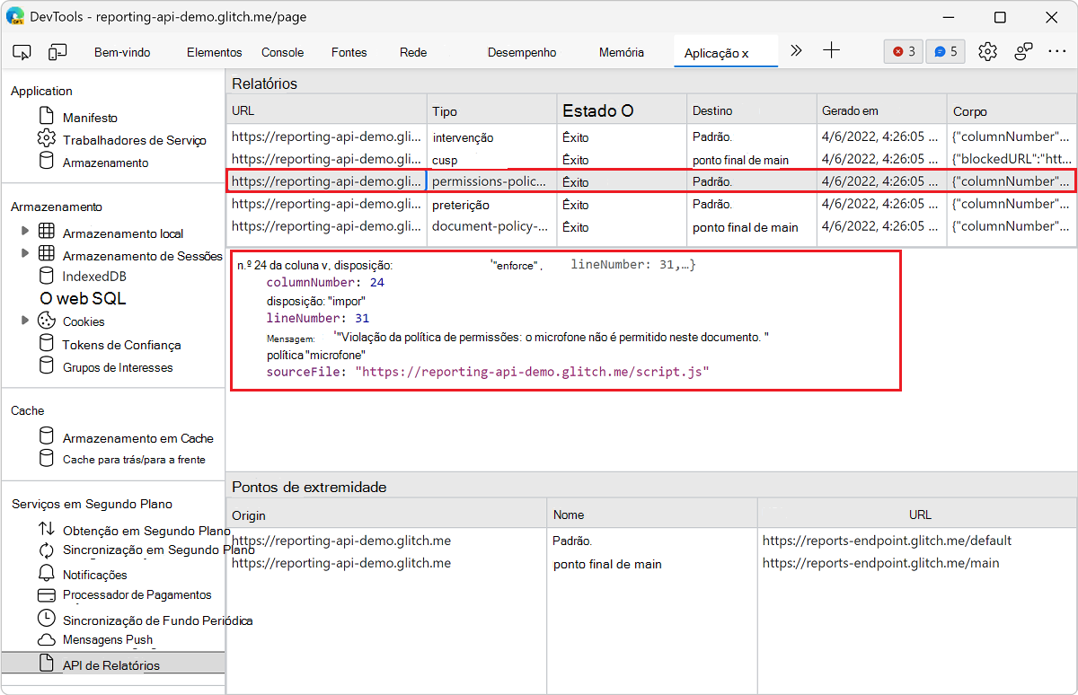 Exibir os detalhes de um relatório no painel API de Relatório