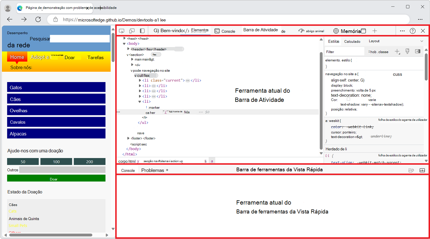 Microsoft Edge, com DevTools aberto na lateral, com as 4 principais áreas de IU realçadas
