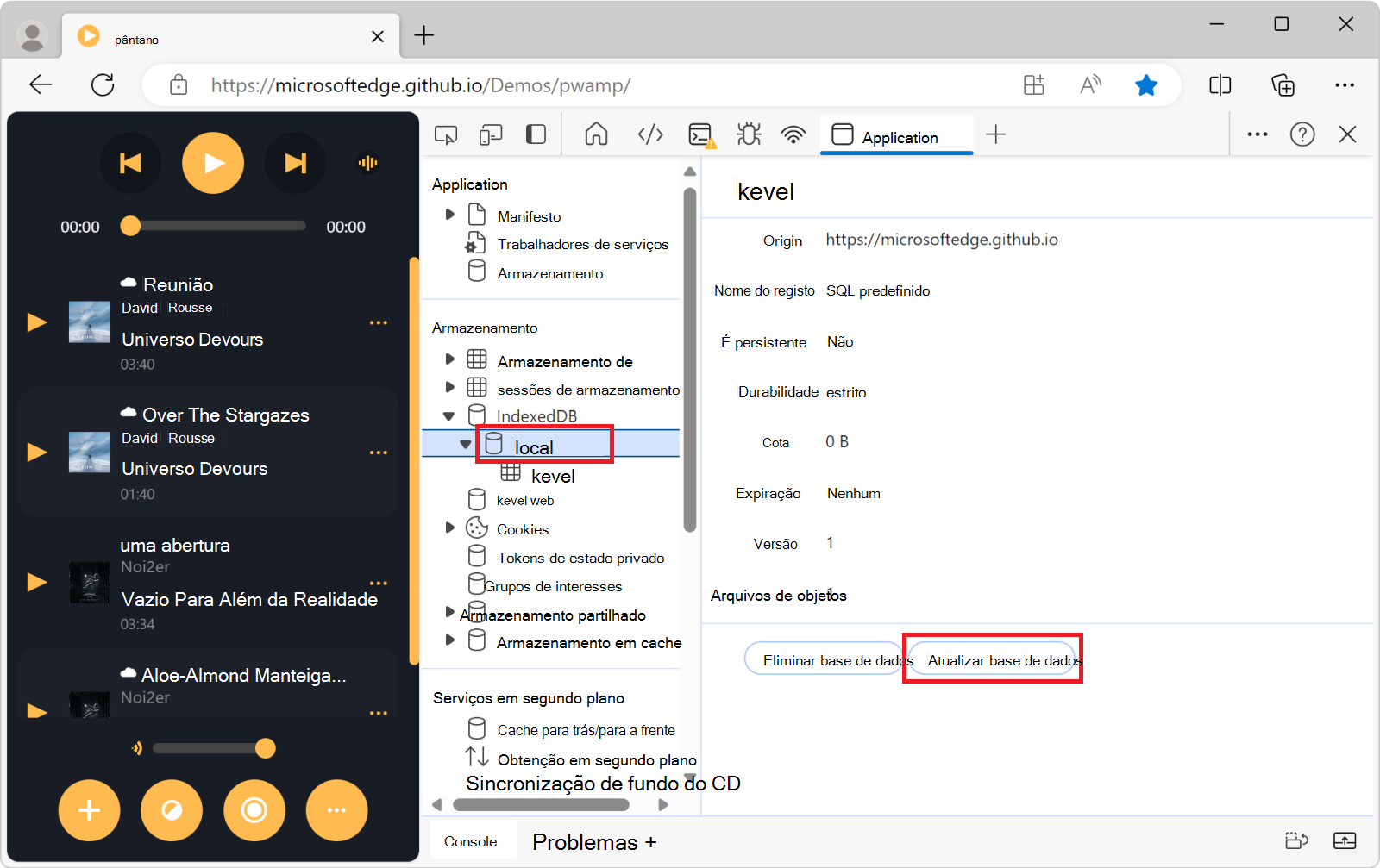 A exibição do banco de dados, com o botão atualizar