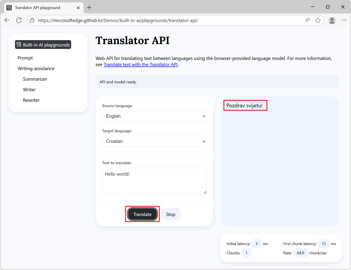 A página de demonstração do Translator com definições e um botão Traduzir