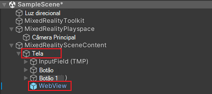 Hierarquia de cenas atualizada com novos componentes no Unity