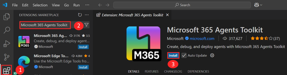 Captura de ecrã a mostrar a instalação da extensão Do Toolkit de Agentes.