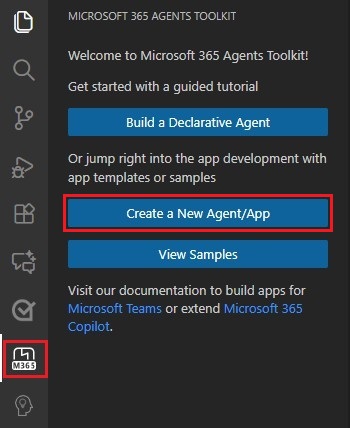 Captura de ecrã a mostrar a opção para criar um novo agente ou aplicação na barra lateral do Toolkit de Agentes.