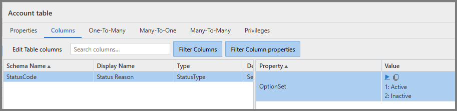 Captura de tela do editor de colunas de tabela exibindo a opção Motivo do Status definida com os valores 1: Ativo e 2: Inativo.
