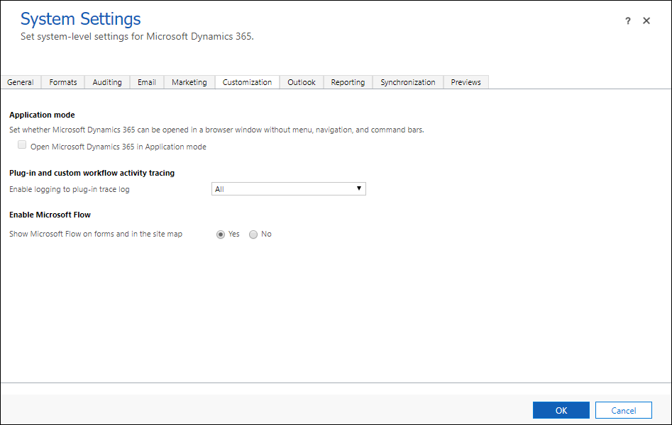 Aba de personalização das configurações do sistema.