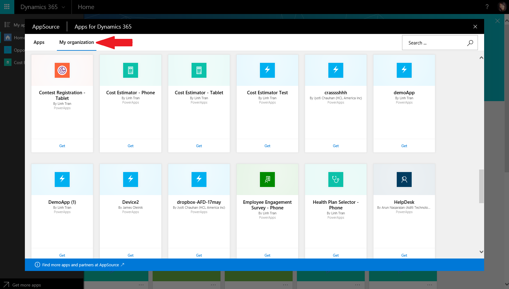 Quando obtém uma app no Marketplace, ela aparecerá na página inicial e ficará facilmente acessível durante toda a experiência.