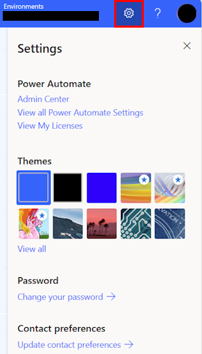 Captura de ecrã das definições do Power Automate.