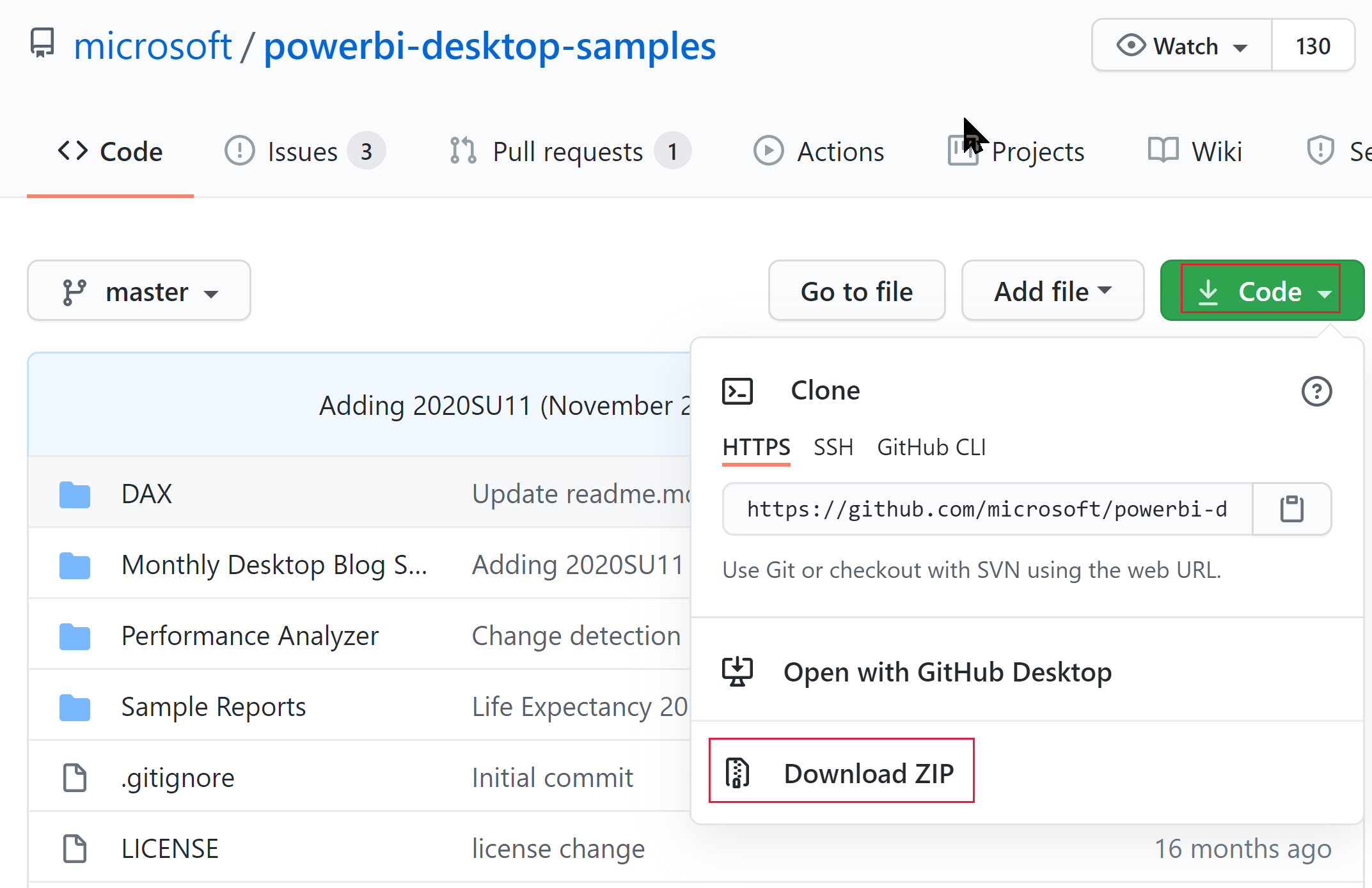 Captura de ecrã da opção de download ZIP no GitHub de amostras de desktop Power BI.