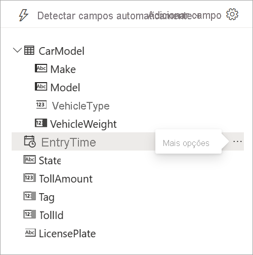 Captura de ecrã que mostra as opções de dados de entrada, com EntryTime selecionado e a descrição 