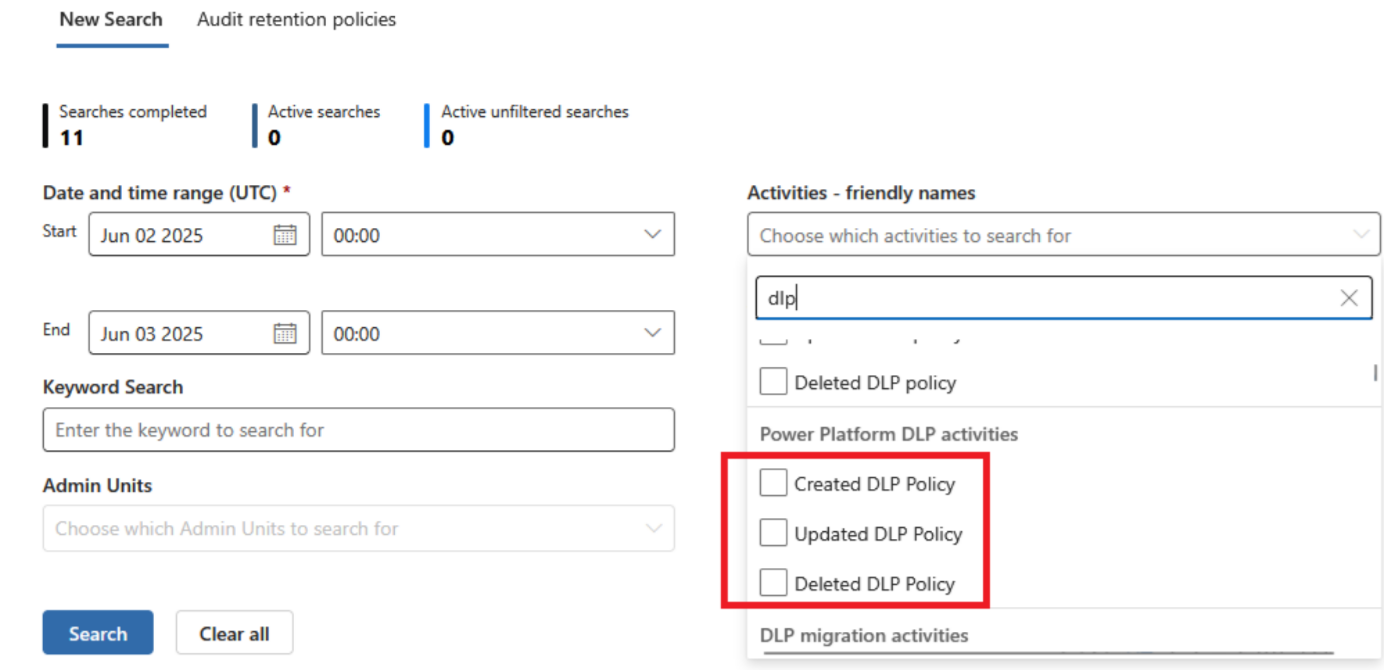 Captura de ecrã da página de pesquisa de auditoria do Microsoft Purview com o menu pendente Atividades aberto, mostrando os três nomes de atividades DLP do Power Platform preteridos: Política DLP Criada, Atualizada e Eliminada.