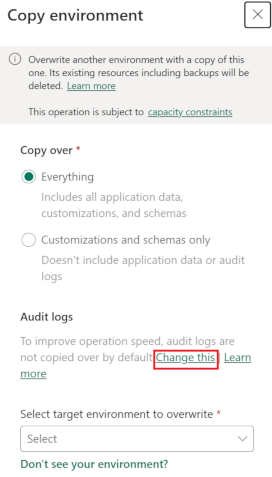 Selecione Alterar para incluir logs de auditoria.