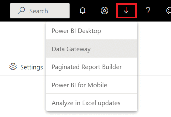  Captura de ecrã da seleção do gateway de dados no serviço Power BI.