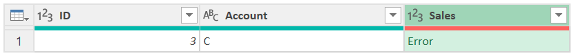 Captura de ecrã da tabela final que mantém apenas linhas que contêm erros.