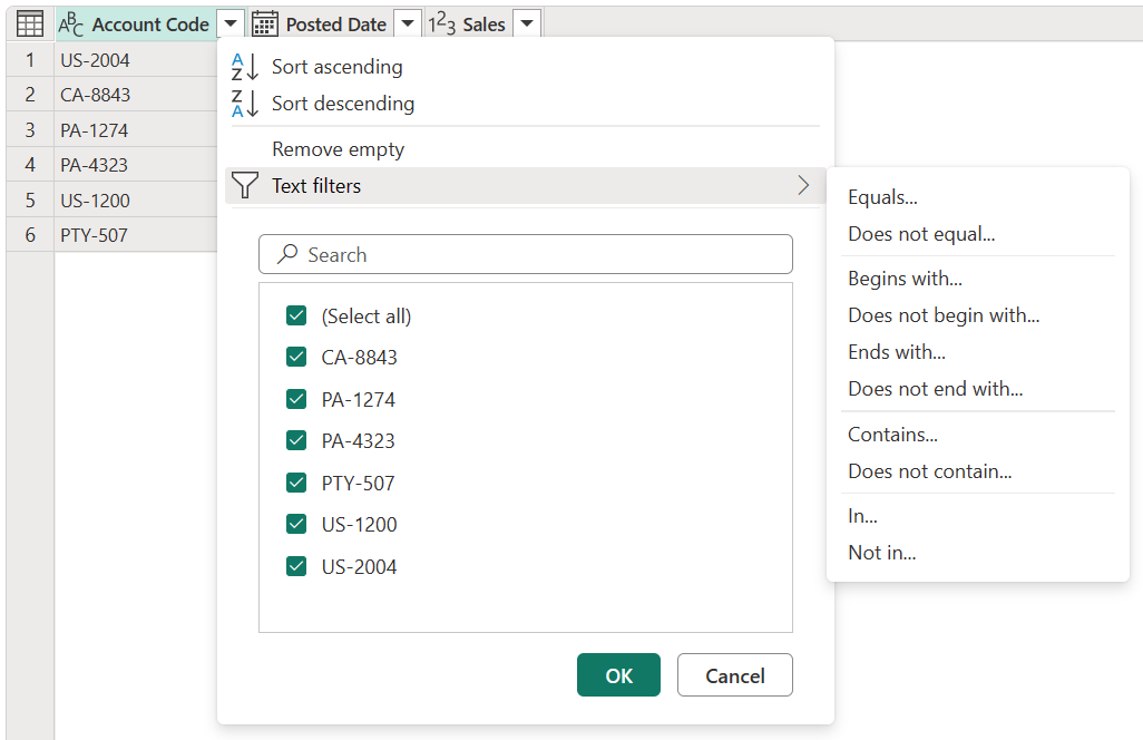 Captura de ecrã dos itens do menu contendo comandos e filtros específicos para colunas que contêm o tipo de dados Texto.