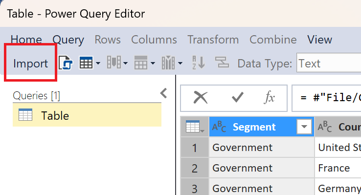Captura de tela do botão Importar no Analysis Services.