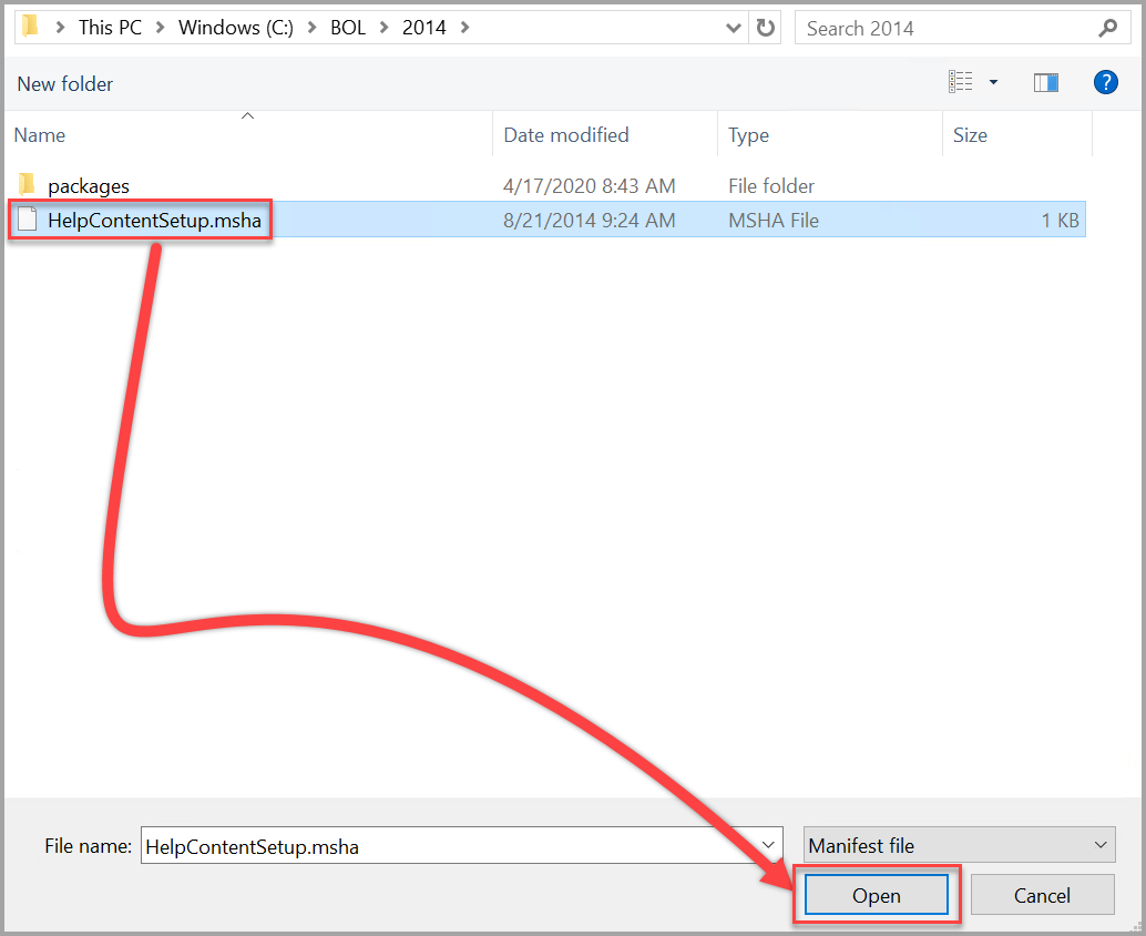 Abra o arquivo msha de Configuração de Conteúdo da Ajuda do SQL Server 2014