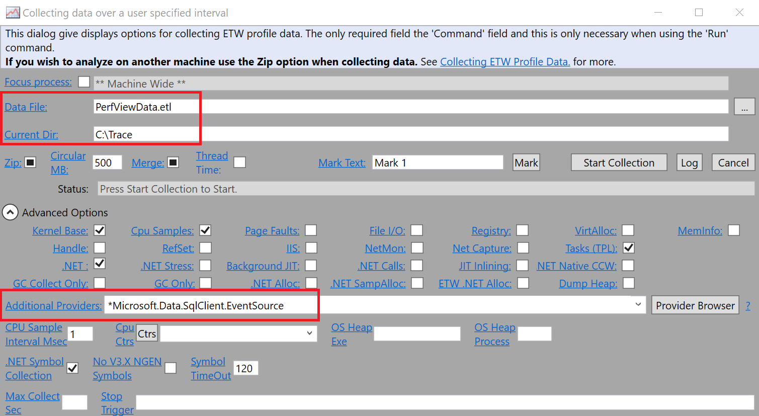 Configurar o Perfview antes da recolha