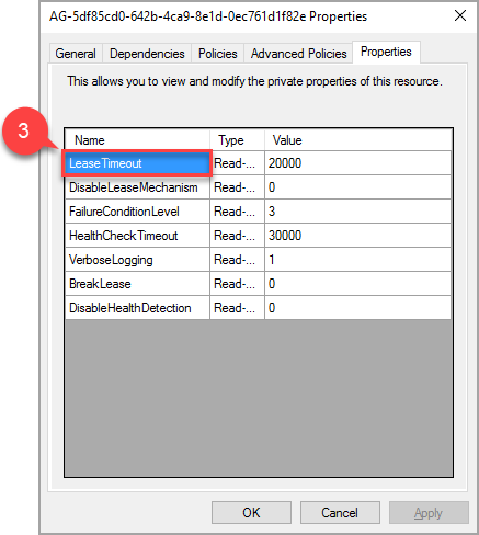 Captura de ecrã das propriedades do grupo de disponibilidade.