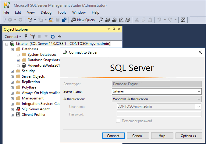 Captura de ecrã do Connect to listener no SSMS.